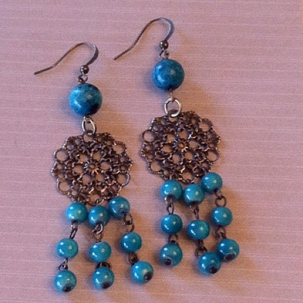 The Dayana--Aqua Blue & Antique Brass Chandelier earrings