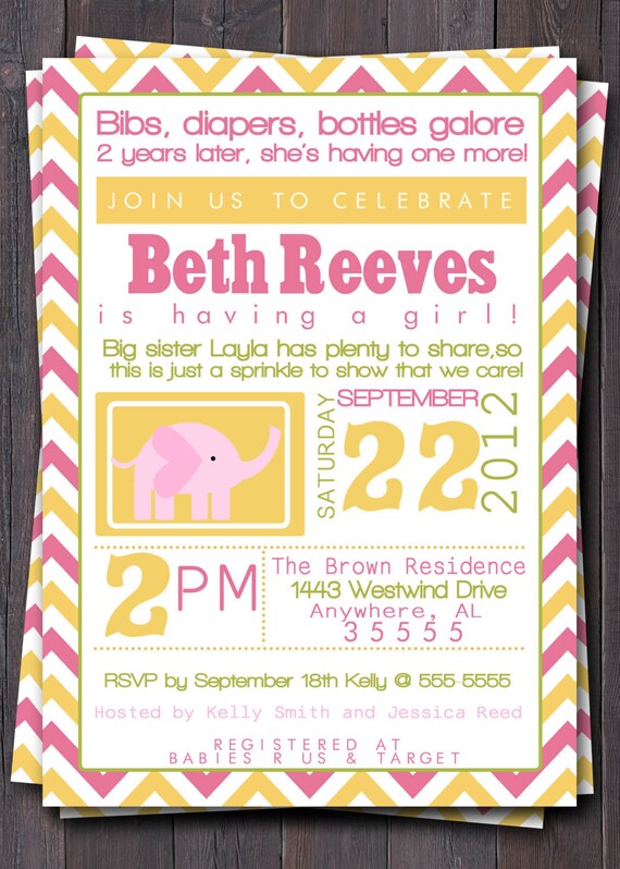 Modern Typography Baby Sprinkle, Shower, Sip and See Invitation/Invite. Pink, Green, Yellow, Purple, Custom you choose colors