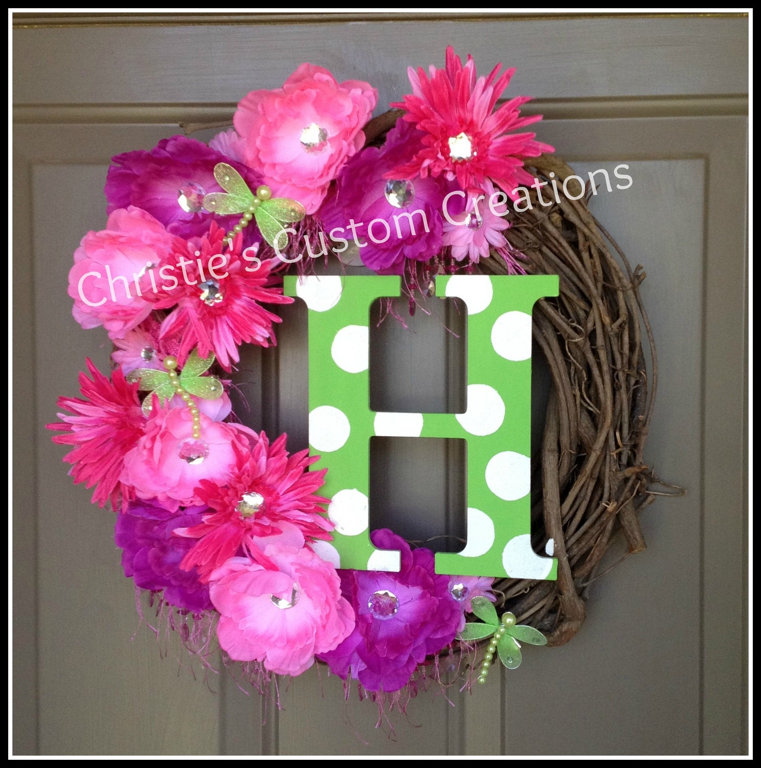 18 " Personalized Monogram Initial Wreath with hot pink flowers and green polka dot initial. Great for Spring or Summer.