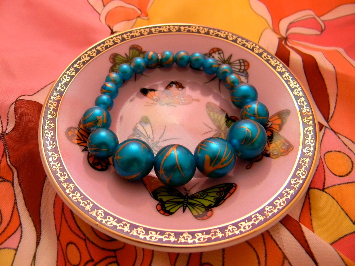 Blue & Gold Swiped Bead Bracelet