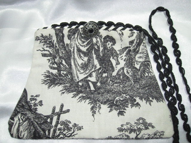Toile Purse Black and White Hand Bag Vintage Pattern Button