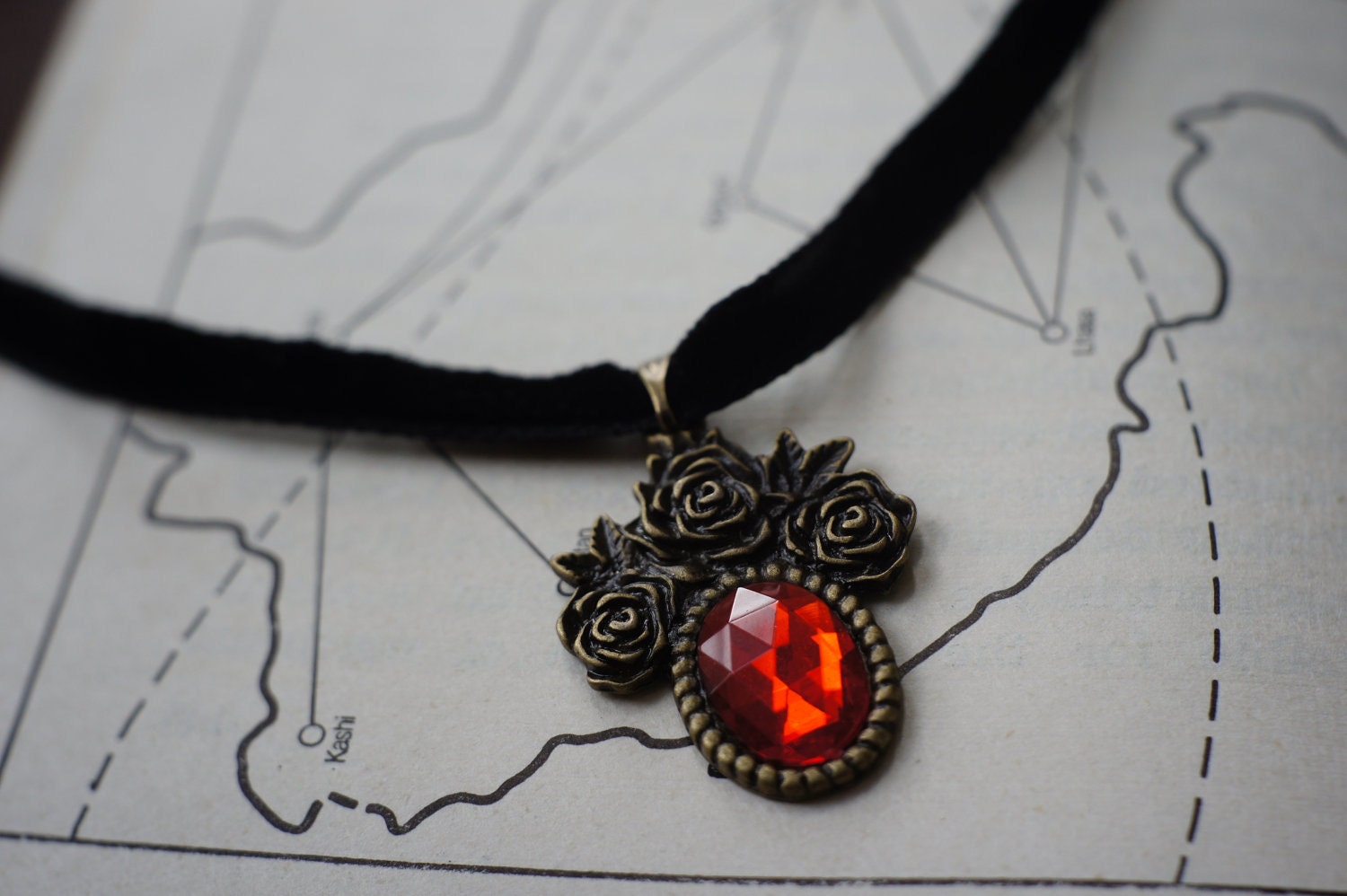 Night Garden-Gothic Victorian Antique Brass Rose Faux Ruby Choker, Collar, Necklace with black velvet.