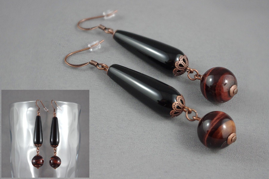 SALE - Dangle Earrings with Onyx, Red Tiger Eye & Antique Bronze Filagree.