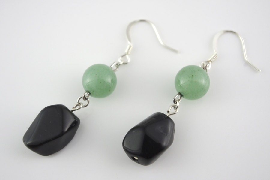 SALE - Handmade Dangle Earrings with Green Aventurine & Rainbow Obsidium Stones.