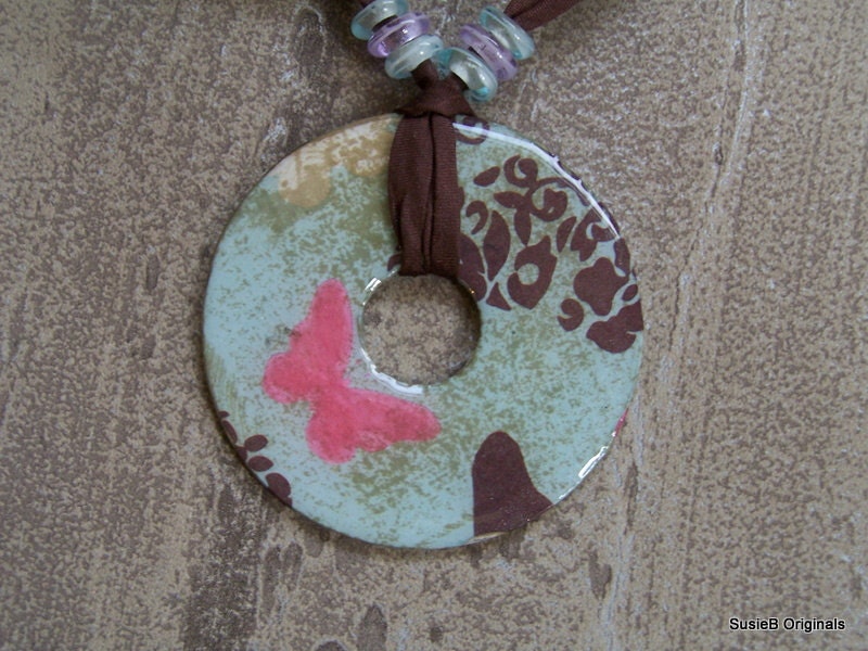 Pendant Washer Necklace Dusk Blue Decoupaged Butterfly on Brown Silk Cord OOAK