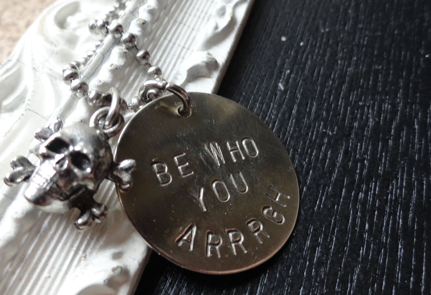 Silver Pirate Necklace - "Be Who You Arrrgh" - Skull and Crossbones