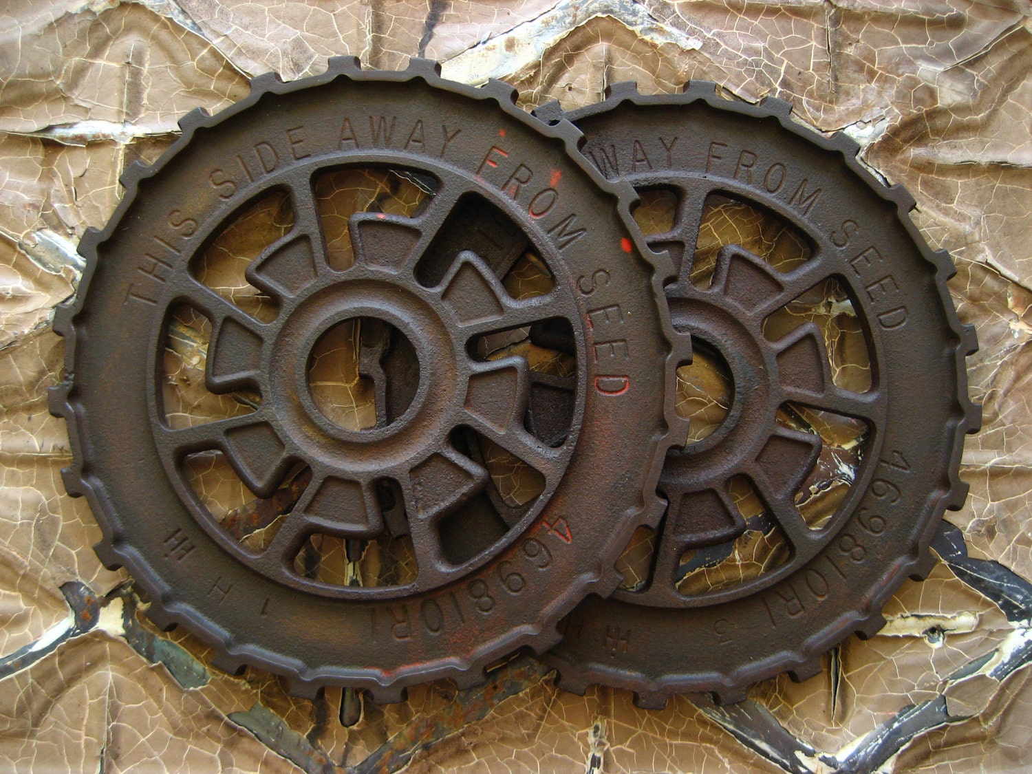 2 Vintage Primitive Cast Iron Gears, Antique Industrial Machine Age Farm Factory Metal Wheel