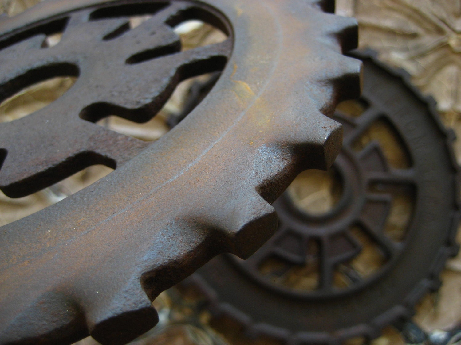 2 Vintage Primitive Cast Iron Gears, Antique Industrial Machine Age Farm Factory Metal Wheel