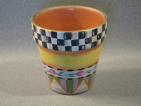 Handpainted Whimsical Flower Clay Pot Beth Baker Artist Housewarming Gift Home Decor -- FREE Priority Shipping Included