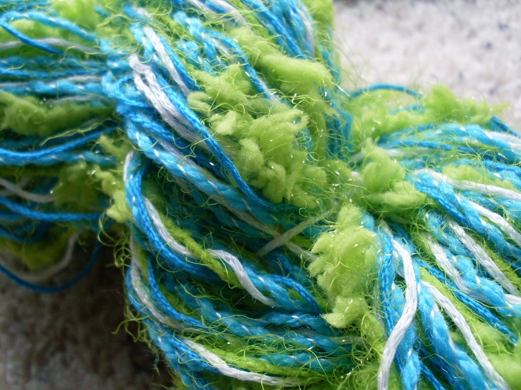 Island Margarita Art Yarn 1 Skein Hand twisted 4 Yarns in One Blue Green White