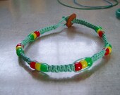Pastel Green Hemp Anklet with Rasta (red, yellow, green) Beads. MADE TO ORDER. Include size when buying.