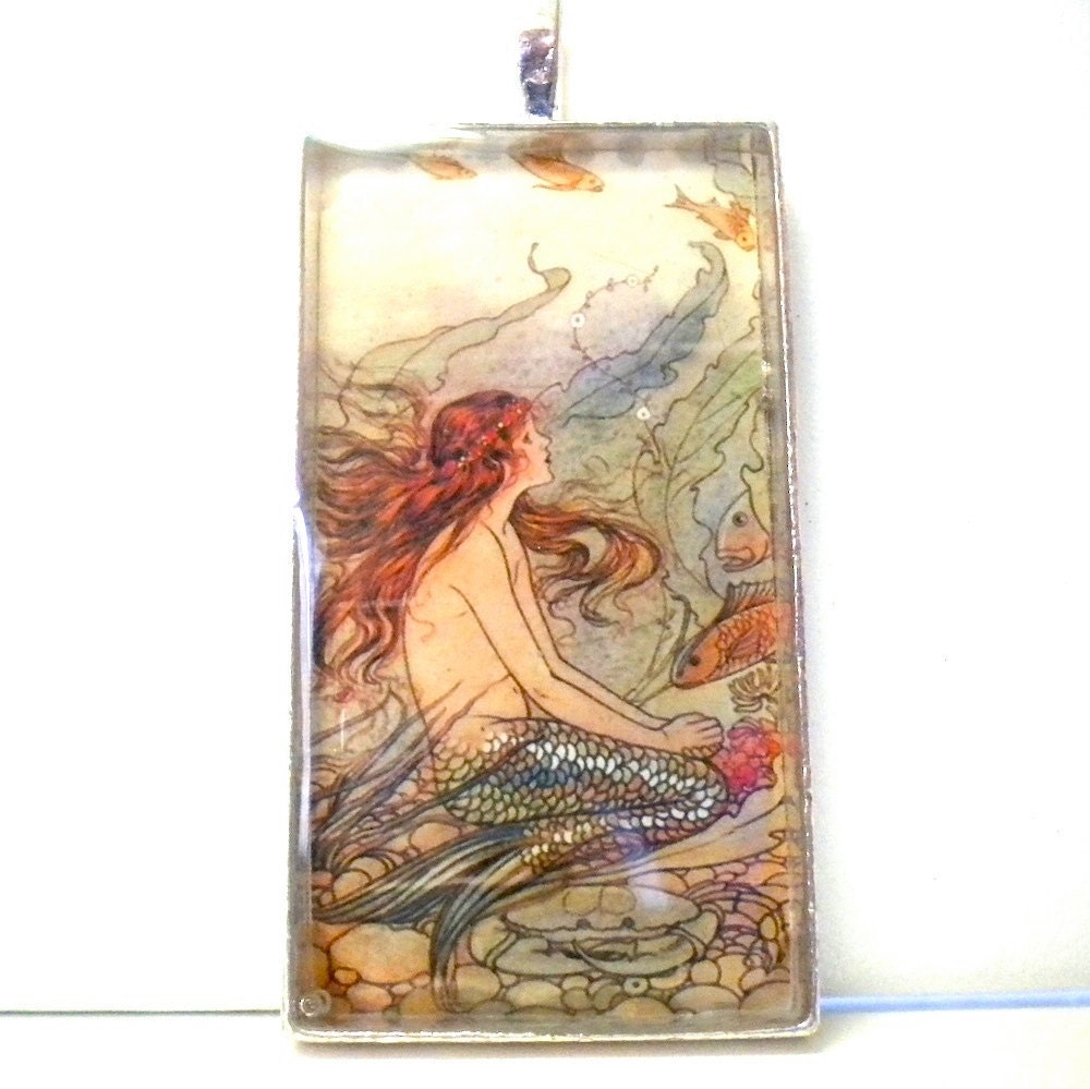 Mermaid Necklace Glass Pendant, Altered Art Photo Pendant
