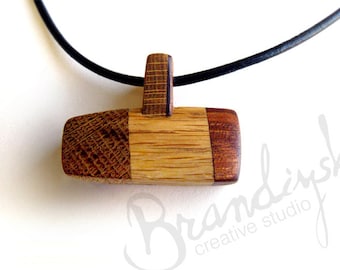 WOODEN COLORS - Original Handmade Wooden Necklace - oak, mahagon and cherry wood aluminum element, 3mm leather cord