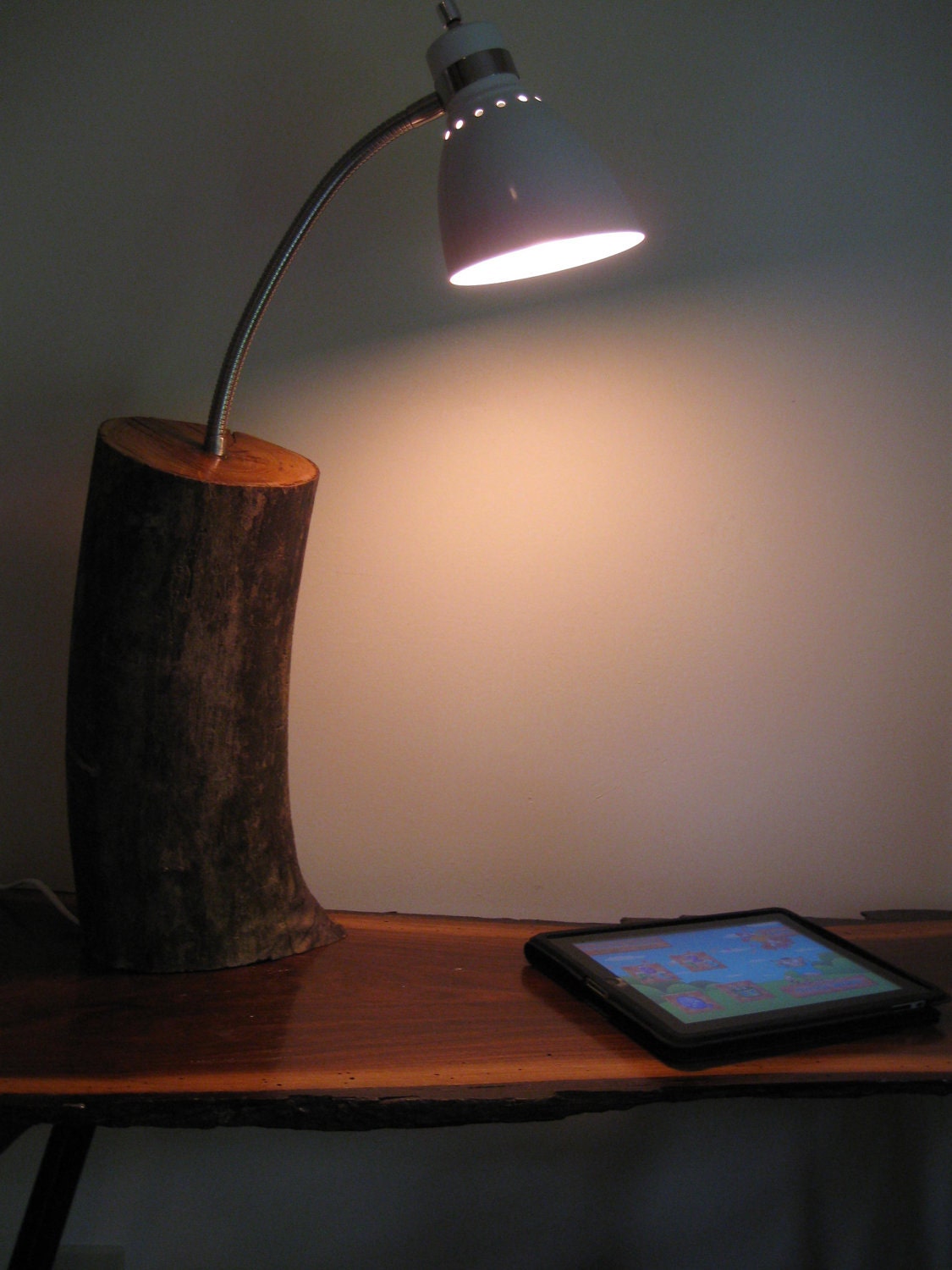 Stump Base- GOOSE NECK LAMP- Restoration Hardware, Anthropologie Inspired- Black Walnut Stump, Table Lamp, Bedroom, Mancave