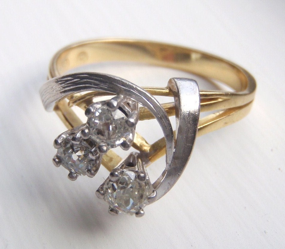 Unique Handmade Vintage Diamond Ring of Sculptural Organic Flowing Design. Two Tone 18ct Gold. Old European Diamonds.