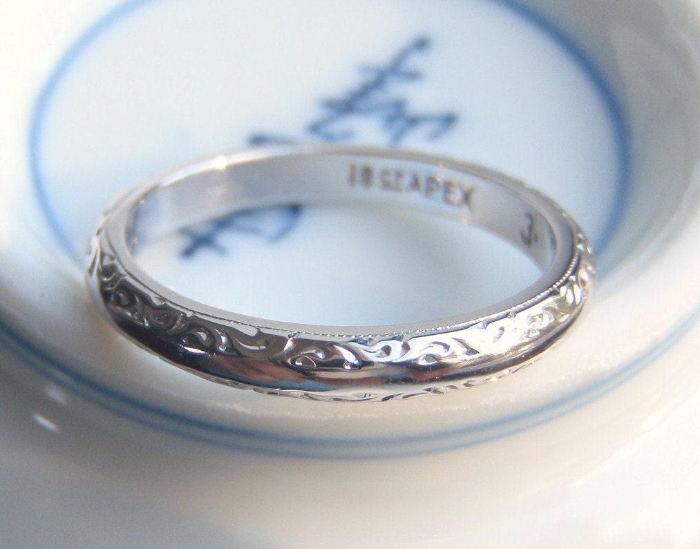 18 Ct White Gold Deco Wedding Band. So Very Elegant, Sentimental and Sweet. A True Heirloom.
