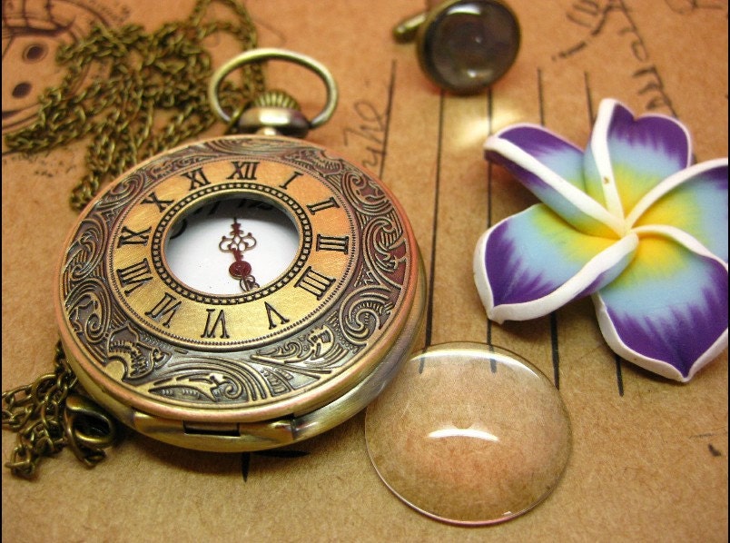 Antique pocket watch jewelry necklace pendant bronze Roman numerals gold  hb06