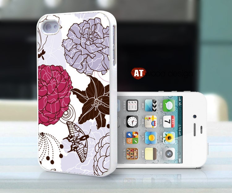 unique Hard case Rubber case iphone 4 case iphone 4s case New Iphone 5 case illustration purple red flower graphic iphone case design