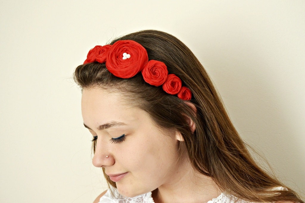 Red Fabric Roses Bridal Hair Band