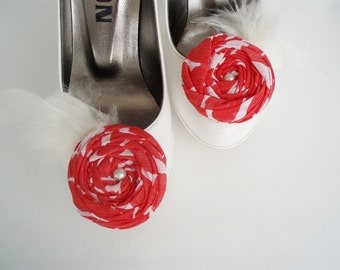 Coral&Ivory Fabric Roses with Ivory Feather Shoe Clips