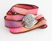Beach Jewelry Shell Silk Ribbon Bracelet Fine Silver Eco Friendly Precious Metal Clay Bracelet Pink by BlueSailStudios