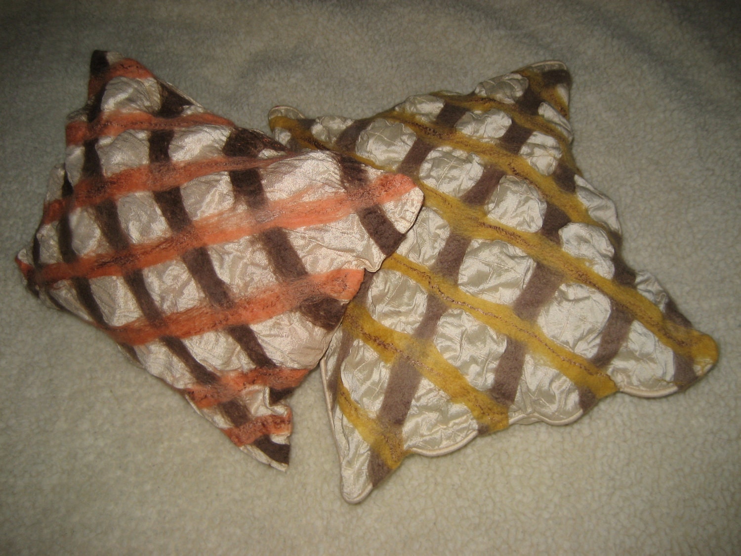 Silk pillow cushion nuno felt wool decorative beige brown orange  cream color