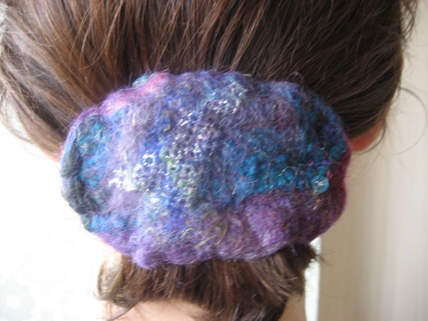 Nuno Felted Hair Barrette Clip: Violet, Turquoise, Purple. Elegant. Wool and Vintage Silk. Freeform