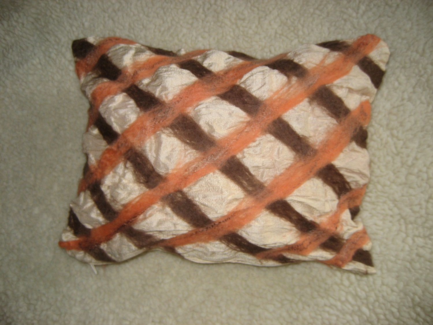 Silk pillow cushion nuno felt wool decorative beige brown orange  cream color