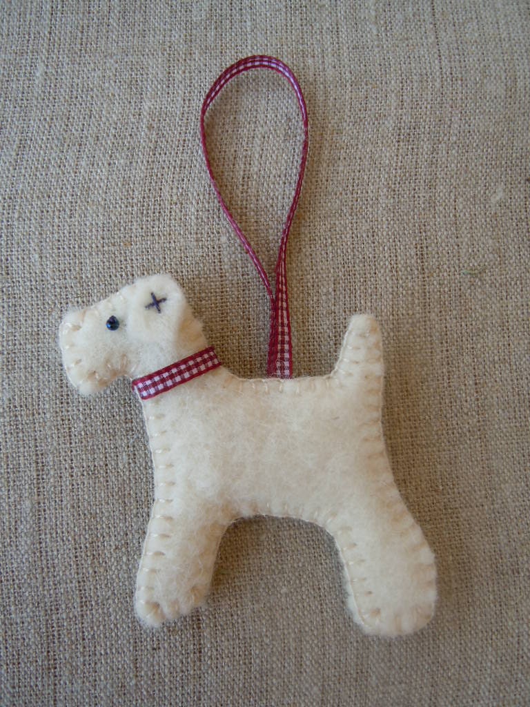 Felt Dog Decoration - ( dark red gingham ribbon) Wire Fox Terrier made from British Wool