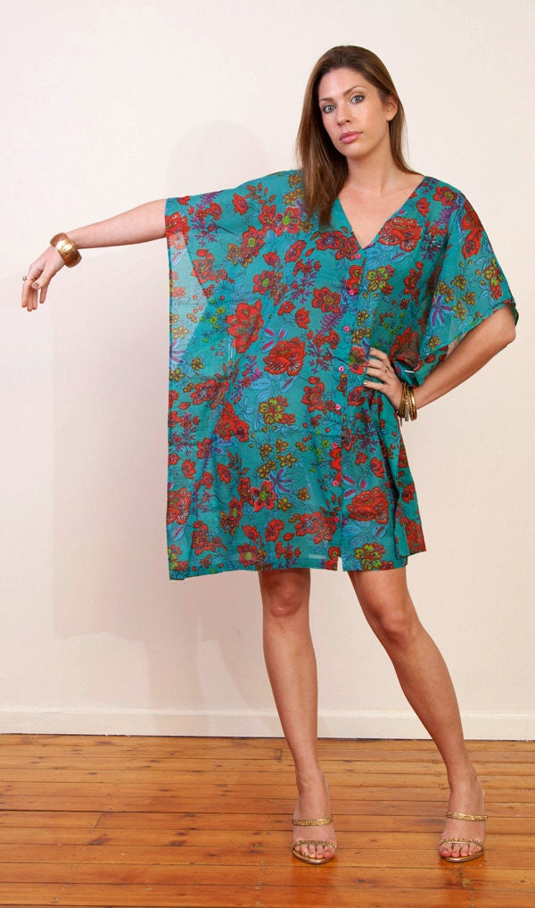 KAUAI Button front short cotton kaftan or bridesmaids robe in a blue floral print. Turqoise blue & red. Gift for her.