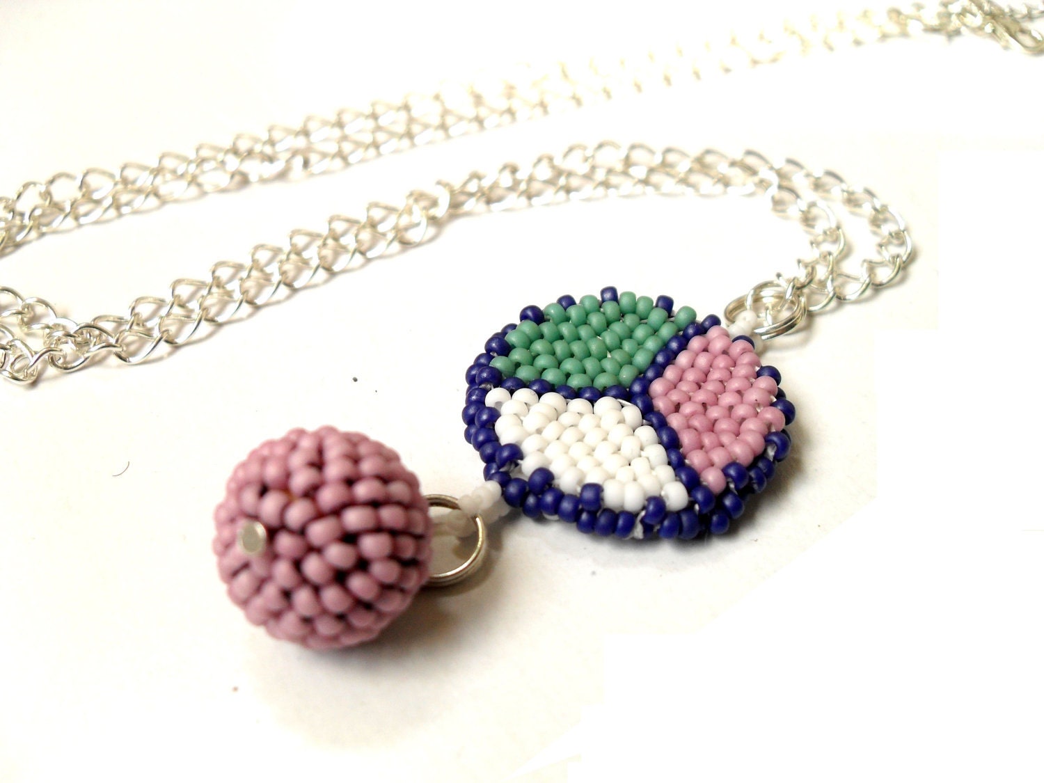Necklace beaded two faced,  long necklace,  two faced pendant, round peyote pendant