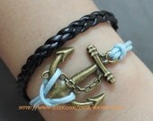 jewelry bracelet antique bronze anchor bracelet rope bracelet black leather bracelet personalized charm bracelet best gift for friend lover.
