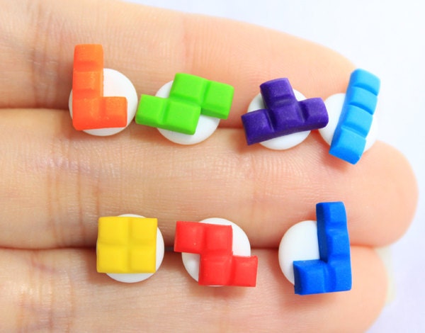 Miniature Rainbow Tetris Ear Studs Set of 7