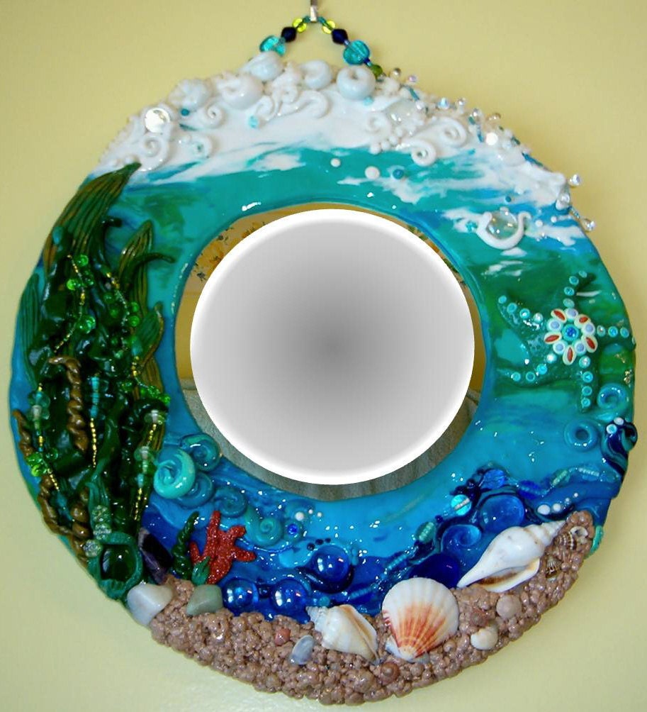 Decorative Wall Mirror with Beautifully Hand Beaded and Embellished Under-The-Sea Design. - Claymation3d