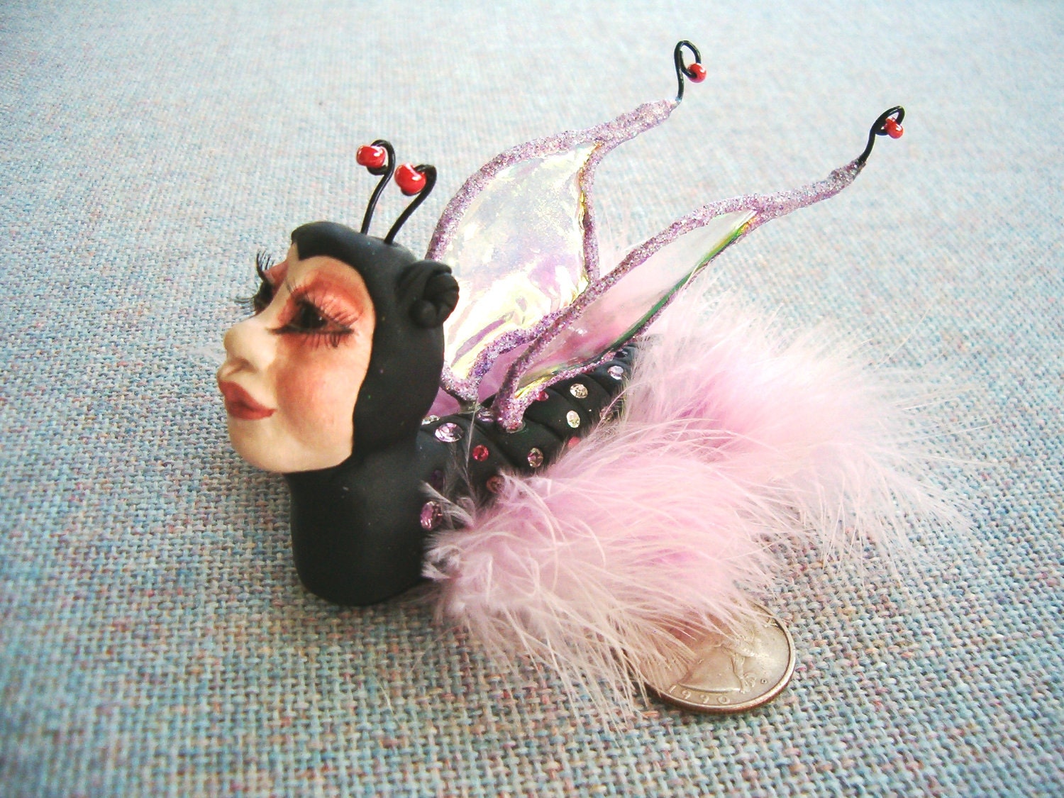 Handmade Art Sculpture Fantasy Human Butterfly Polymer Clay Mixed Media Original