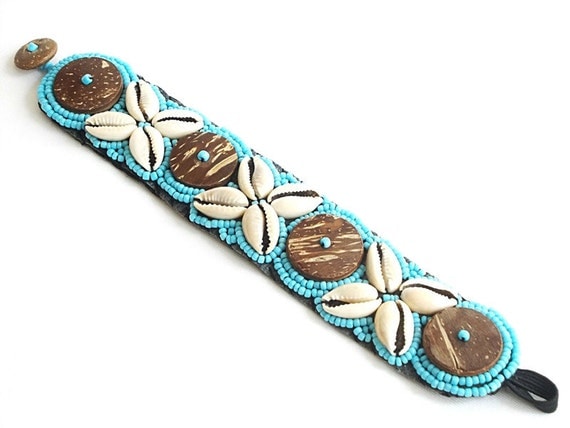 Wonderful Handmade Unique Bracelet - Sea Shells bracelet - Blue - Wooden buttons - Summer bracelet - Blue Beaded Shell Cuff Bracelet - OOAK