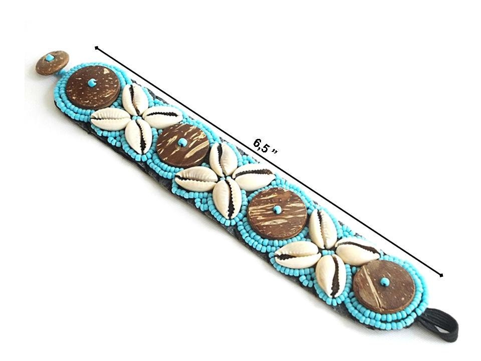 Wonderful Handmade Unique Bracelet - Sea Shells bracelet - Blue - Wooden buttons - Summer bracelet - Blue Beaded Shell Cuff Bracelet - OOAK
