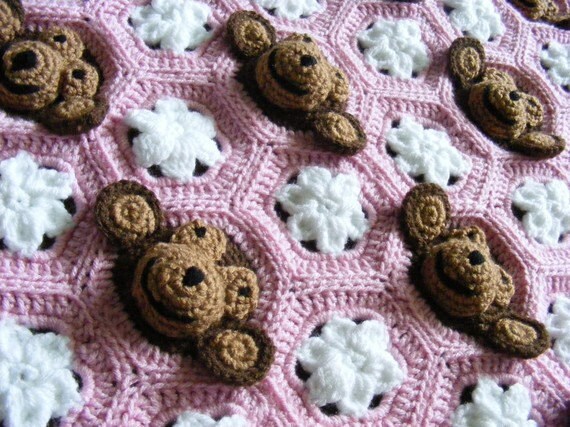 Email Crochet Baby Blanket PDF PATTERN - Baby Girl Feel and Learn Blanket, Stroller Blanket - Neapolitan Pink, Brown, White Monkeys Pattern