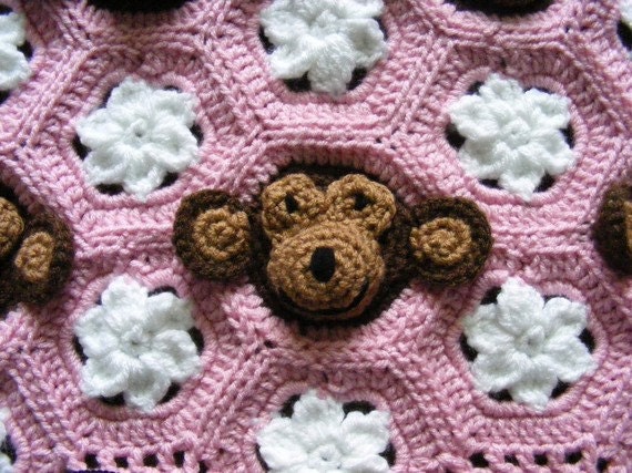Email Crochet Baby Blanket PDF PATTERN - Baby Girl Feel and Learn Blanket, Stroller Blanket - Neapolitan Pink, Brown, White Monkeys Pattern