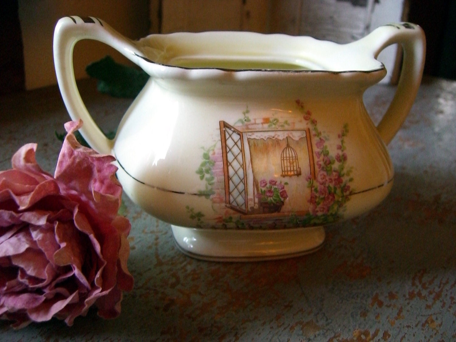 Vintage Sugar Bowl, Bird Cage, Roses, Shabby Cottage, Lido, W.S. George, Canary Tone, Made in USA
