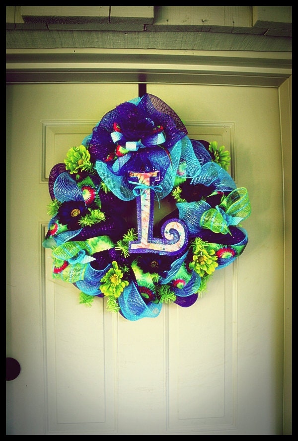 Deco Mesh Turquoise, Lime and Purple Customized Initial Wreath