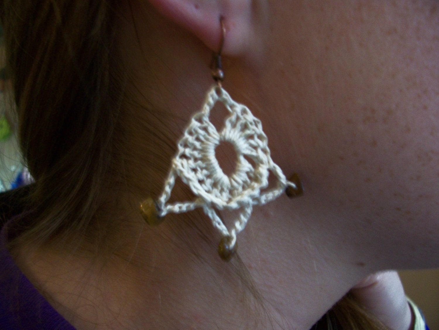 Ecru Crocheted Earrings on Brass Hooks