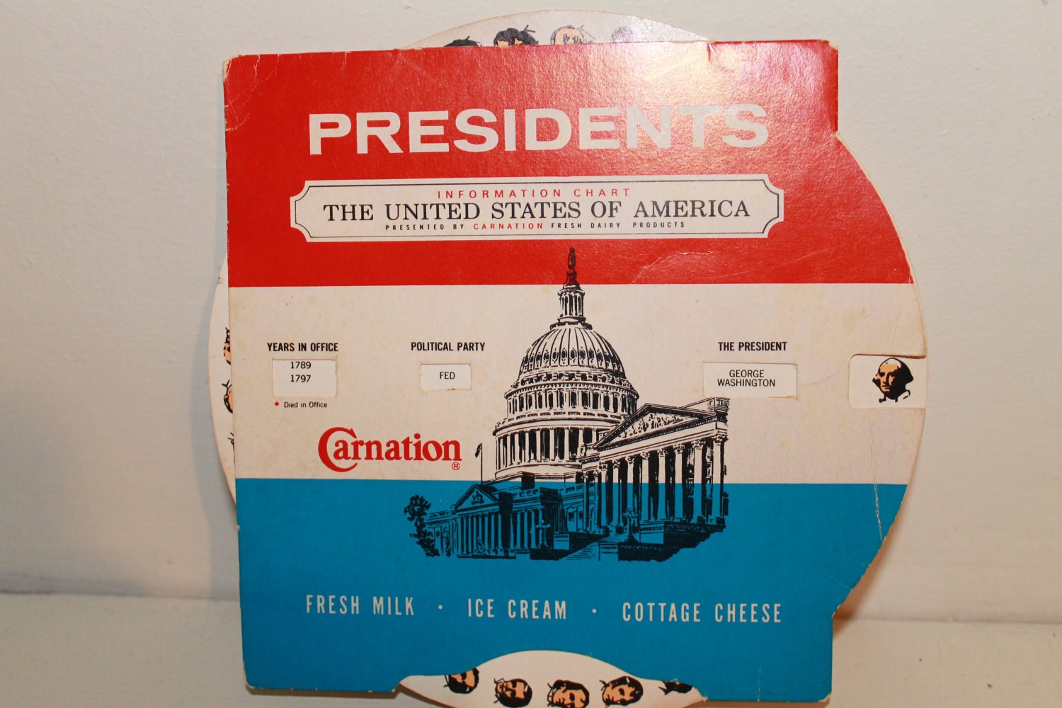 Vintage Carnation Milk Presidents of The United States Of America Wheel Advertisement circa 60's