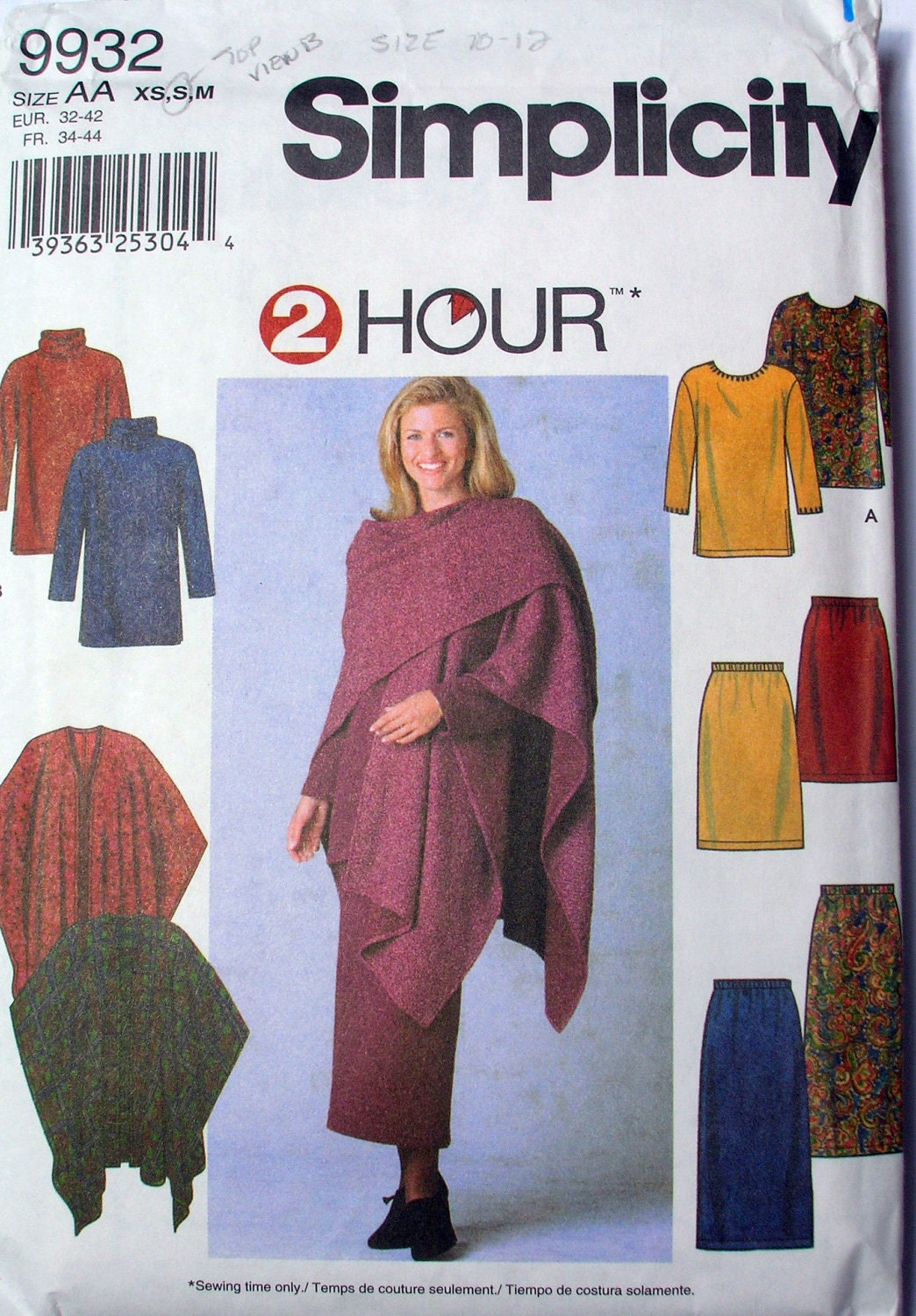 Simplicity 9932 Easy pattern XS SM MED knits womens tunic top skirt shawl wrap cowl
