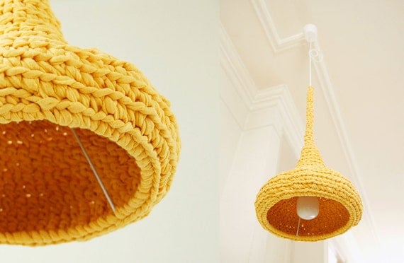 Sunshine - Crochet Pendant Lamp / Modern Design Hanging Light / Unique Pendant Lamp from Upcycled Tshirt Yarn / Green Design / Recycling Art