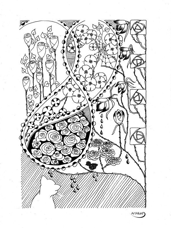 Rain in Rose Garden - ink pen drawing