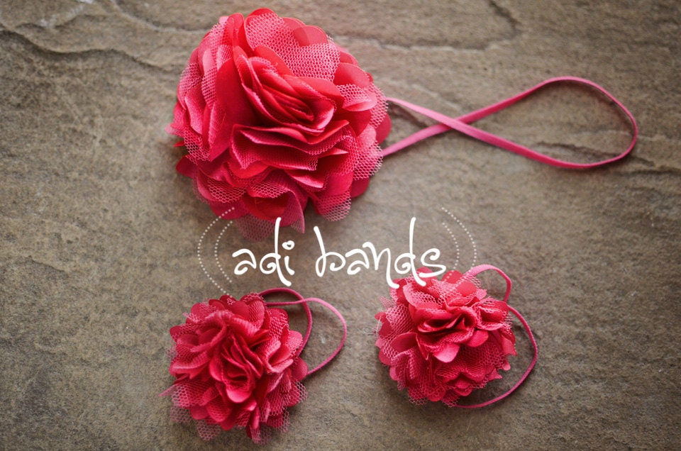 Hot Pink Poof Baby Sandals with Matching Headband