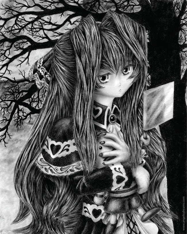 Little Gothic Vampire Girl - An original graphite drawing presented in a high quality 8 X 10 print.