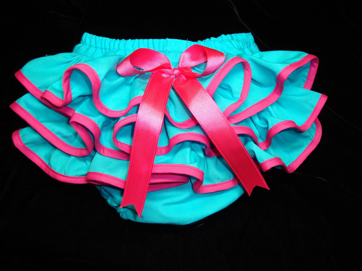 Little MISS ISABELLE Sassy, Fluffy Turquoise Aqua Ruffle Diaper Cover Bloomers Trimmed in Hot Pink Bias Edging by Bloomin Cuties