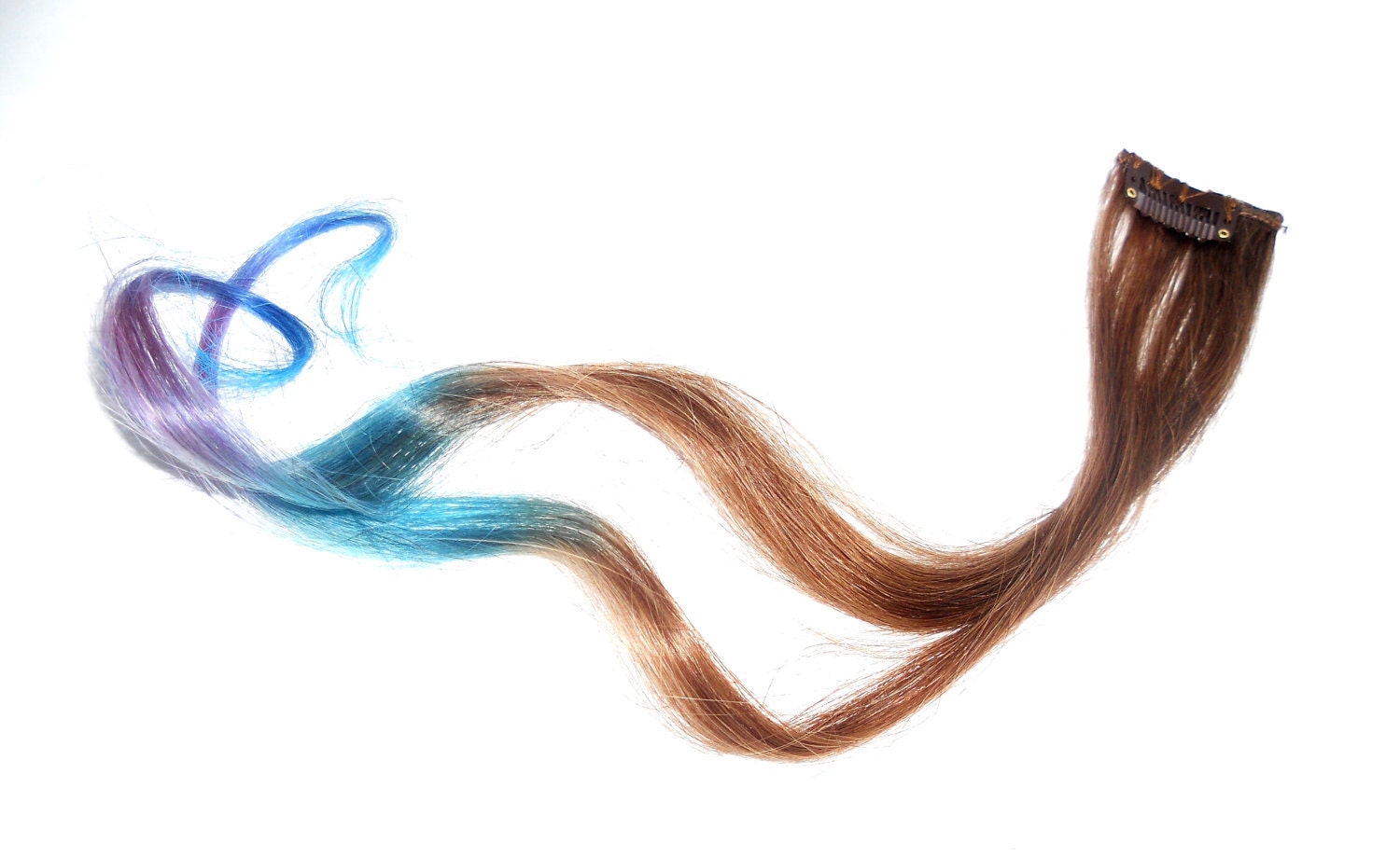 Ready to Ship- oNE Clip -Pink/Blue/Purple/Turquoise Rainbow Extension - Tips Dip Dyed - Weft Clip Extensions - Ombre -18inch Brown